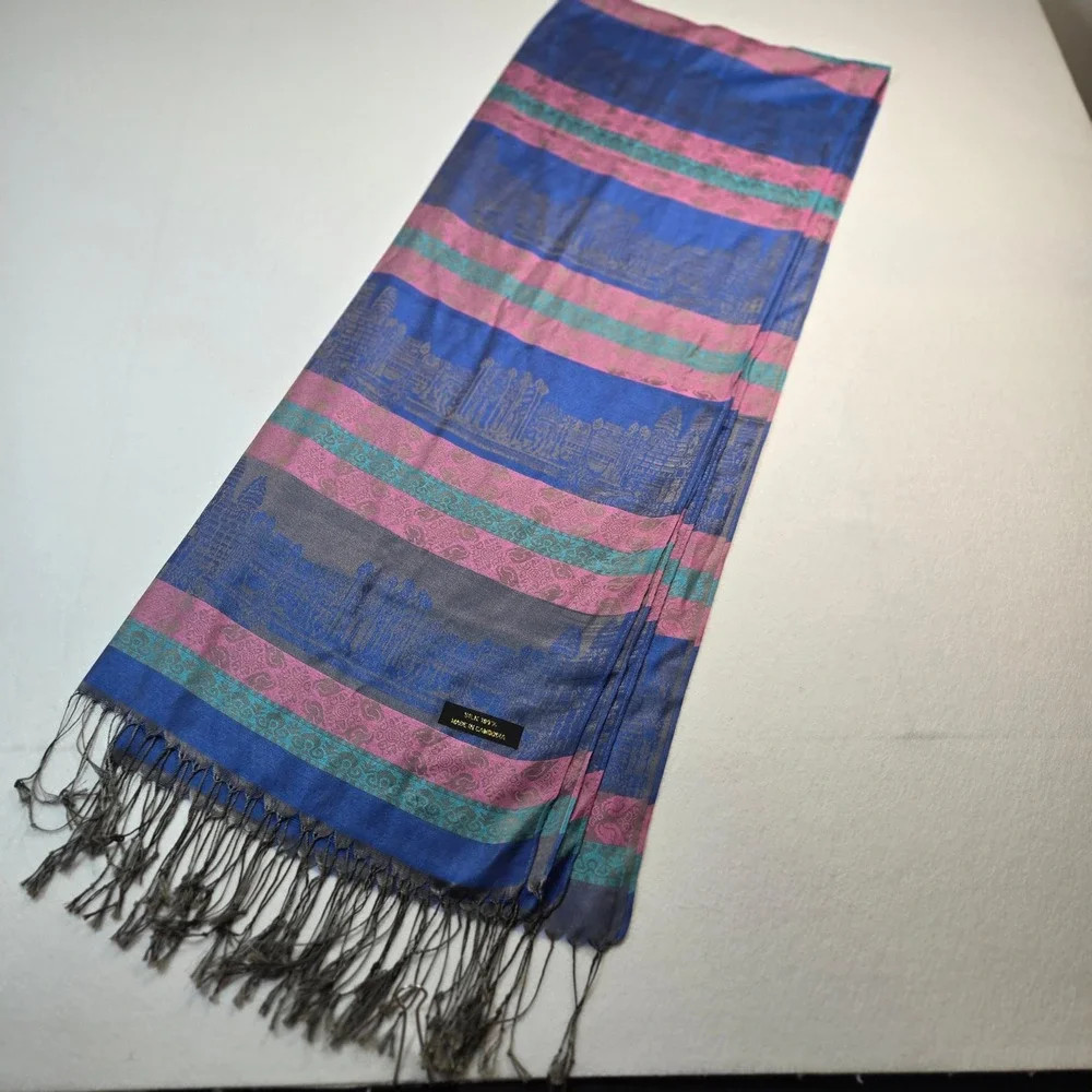 Unbranded Silk Shawl Women OS Blue Pink Excellent Angkor Wat Cambodia Scarf Wrap